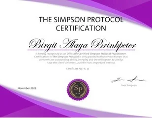 lila weißes Simpson Protocol Zertifikat Birgit Alaya Brinkpeter